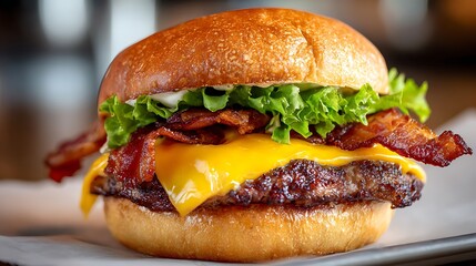 Delicious bacon cheeseburger with fresh lettuce on a brioche bun