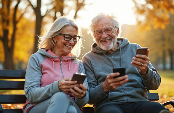 Happy elderly couple sits on bench in park using smartphones. Seniors smile, relax after fitness, enjoy sun and fun. Mature man and woman use mobile devices outdoors.