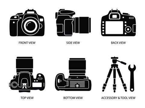 Camera icon set showing multiple views of dslr with lens including front side back top bottom and accessory view