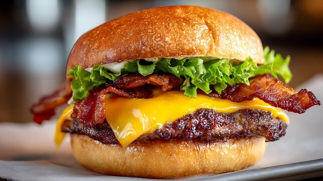Delicious bacon cheeseburger with fresh lettuce on a brioche bun