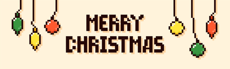 Pixel art banner with Merry Christmas text and color garland.
