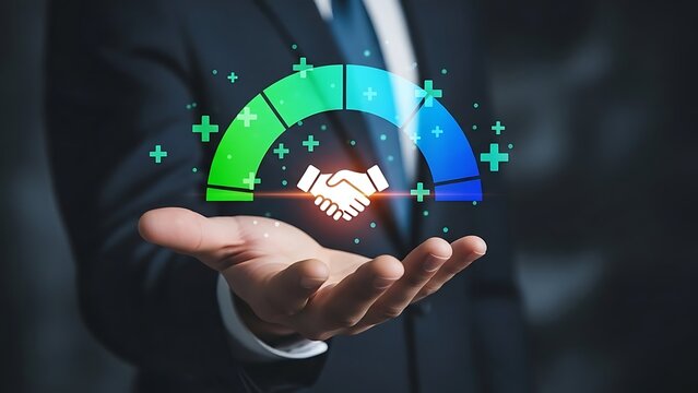 Hand holding digital credit score gauge with handshake icon for business success