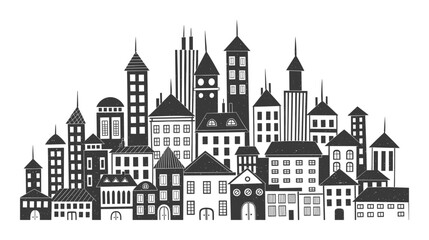 Urban city skyline vector illustration with various buildings houses and towers in black and white