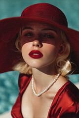 Beautiful young blonde woman in red hat and red lips