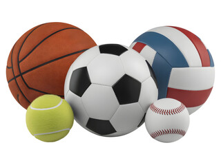 A collection of balls, soccer ball, tennis ball, cricket ball, valley ball and basketball 