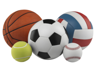 A collection of balls, soccer ball, tennis ball, cricket ball, valley ball and basketball