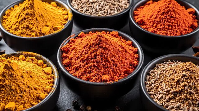 Variety of colorful spices in black bowls