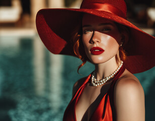 Beautiful young blonde woman in red hat and red lips