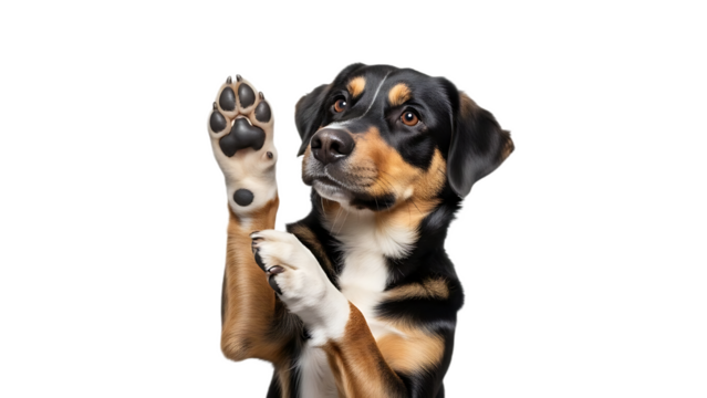 A dog with brown and black fur raising its paw in a playful manner against a black background image