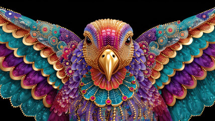 Fototapeta premium Bright fantastic firebird or phoenix head close-up, full of ornate details, on black background