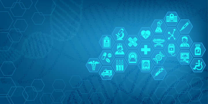 Medical background and healthcare abstract technology with flat icons. Design template of concept for hospital, health care business, innovation medicine, science. Vector illustration.