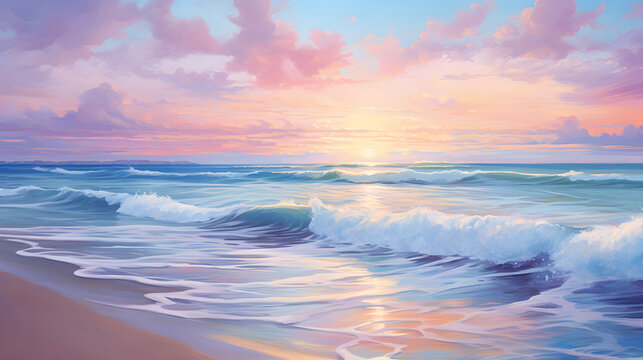 Gentle pastel sunset over tranquil ocean coast - Powered by Adobe