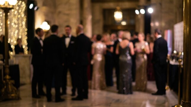 Elegant Gala Dinner or Formal Reception Event Background. Abstract blurred image of luxury corporate party or award ceremony with people in tuxedos and gowns