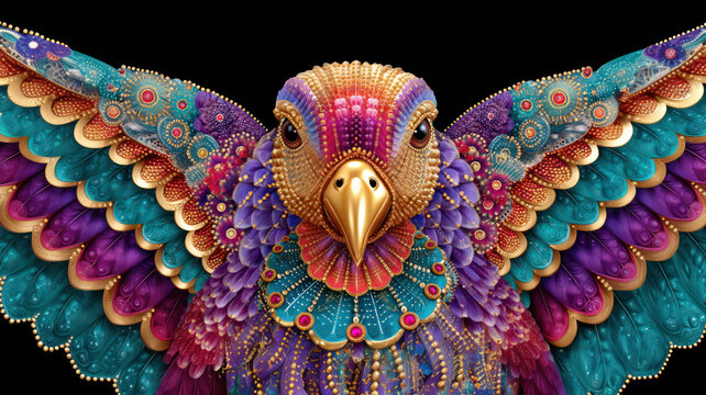 Bright fantastic firebird or phoenix head close-up, full of ornate details, on black background