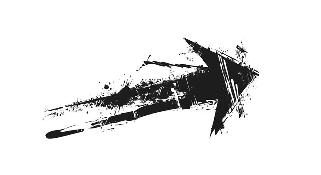 Directional grunge style arrow in black color. A textured black arrow pointing right on an empty background.