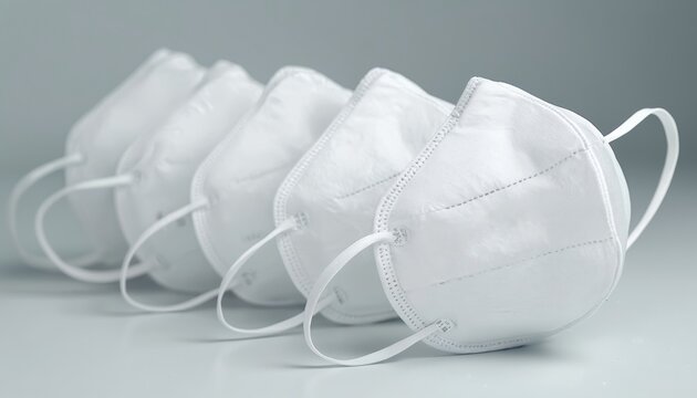 White FFP2 face masks arranged neatly on light surface. Respirators provide strong protection against airborne particles, viruses, pollution. Vital medical safety items for public health, disease