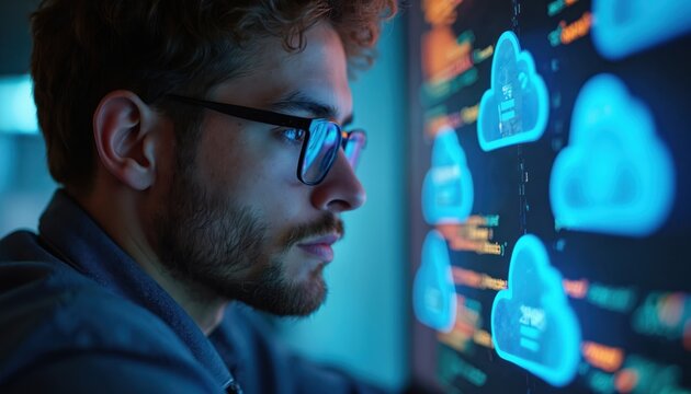 Young developer with glasses works on computer. The man is focused on cloud computing and coding. Modern tech and digital software development concept. IT specialist at workplace.