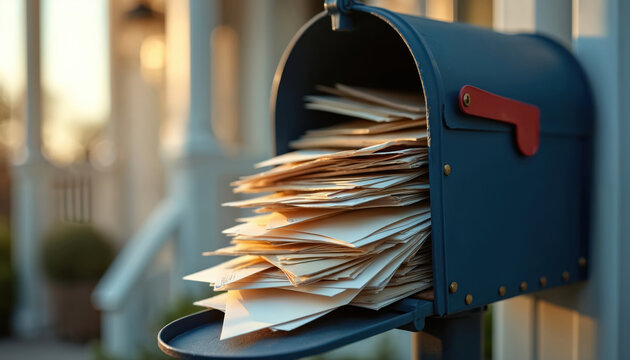Blue mailbox overflows with stack of papers, letters. Heavy postal correspondence creates clutter in mailbox. Notifications, bills, urgent messages, personal letters delivered by mail service fill