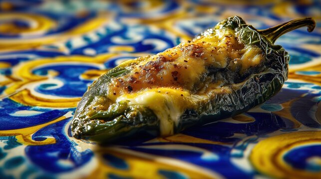  image of chile relleno, roasted poblano pepper, melted cheese inside, crispy fried texture, visible spices, glossy surface, shallow depth of field, set on Talavera ceramic tile pattern background