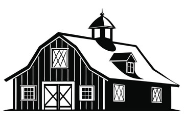 Isolated black barn silhouette displays classic windows and doors in a simple rural artwork