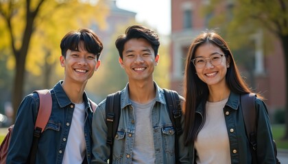Three happy young Asian students smile broadly on sunny university campus in autumn. Diverse group of friends, wearing backpacks, embodies successful international education, academic life abroad.