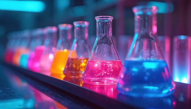 Beakers with colorful liquids glow in dark lab. Scientific experiment research, new substance creation, molecular discovery and analysis. Biotechnology concept for science and tech.