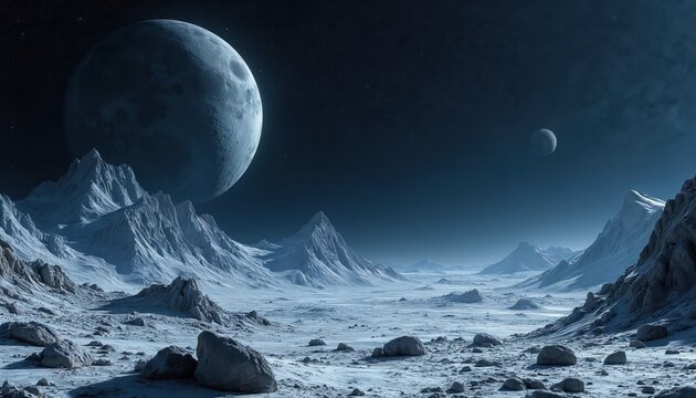 Giant moon hangs low over rugged icy alien mountains, barren land. Rocky ground covers cold planetary surface under dark starry sky. Another planet appears small in vast cosmic space, showing