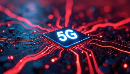 Macro shot futuristic 5G network microchip. Electronic circuit features glowing red lines on black background. Innovation in telecom, fast mobile technology, data transfer. High speed connection