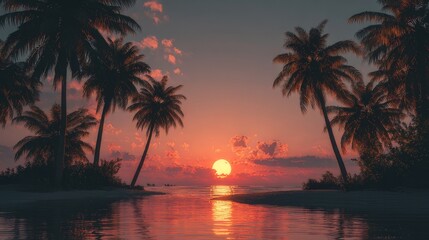 Tropical beach sunset with palm trees silhouetted against vibrant orange and pink sky, calm ocean reflections, and serene seaside landscape in exotic coastal paradise
