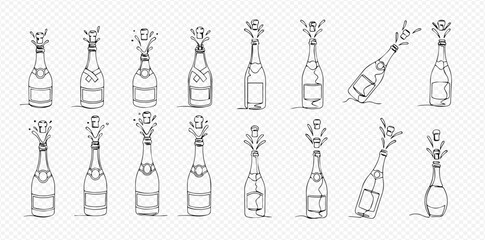 Collection of hand-drawn line art illustrations of popping champagne bottles for celebrations. © Lunara Arts