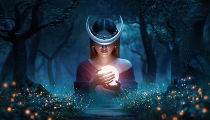 Mystical scene of a woman in a forest holding a glowing orb. Ideal for fantasy, spirituality or magical themes. Evokes mystery, hope, and serene power.