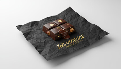 Gourmet dark chocolate squares with hazelnut and gold leaf accents melting on crinkled black paper with embossed gold lettering INDULGENCE studio lighting
