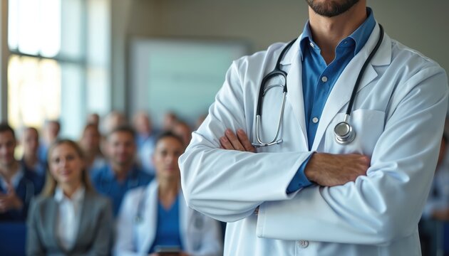 Doctor wearing white coat, stethoscope stands before conference audience. Medical staff listens to lecture in clinic hospital. Healthcare experts team, medicine students in seminar about innovation.
