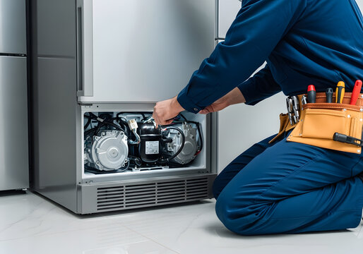 Professional technician in blue uniform kneeling down to repair the compressor unit located at the bottom front of a modern stainless steel refrigerator or freezer appliance in a kitchen setting