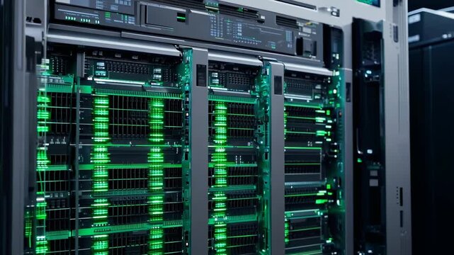 Advanced Data Center Infrastructure Showcasing High-Performance Servers with Illuminated Green Components, Symbolizing Cutting-Edge Technology and Network Performance