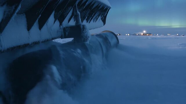 Heavy machinery breaks through deep snow in a remote, icy landscape under the shimmering northern lights, showcasing the challenges of winter operations in extreme conditions