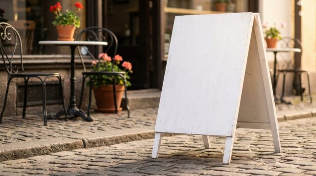 Blank White Chalkboard Sign in Front of Cafe. Wooden A-frame sandwich board mockup template on cobblestone street pavement with outdoor bistro seating, soft golden hour light