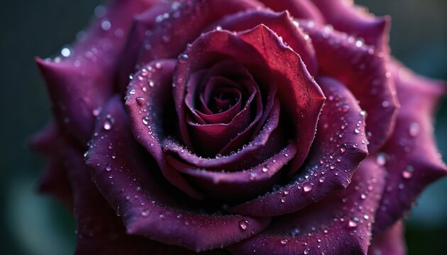 Deep purple rose bloom glistens with water drops. Delicate petals unfurl revealing intricate center. Natural floral beauty shines after rain. Soft light highlights velvety texture.