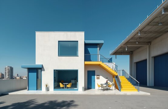 Modern blue yellow white building with stairs, tables. Exterior view of contemporary real estate against clear sky. Minimalist architecture design for house or office space. Person near table outside. - Powered by Adobe