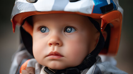 Close-up of child in safety helmet with blue eyes and curious look. Soft background and warm tones evoke wonder, protection, and childhood exploration.
