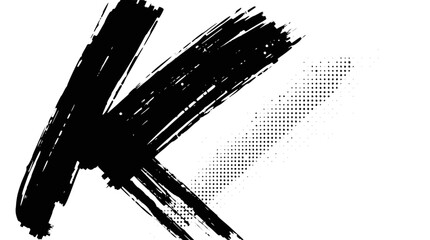 A bold, artistic letter K rendered with a grunge brushstroke and halftone dot effect on a white background, showcasing modern typography.