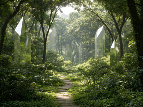 A mystical forest floor glows with abstract 3D geometric shapes.