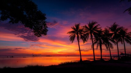 Tropical beach sunset with palm trees silhouetted against vibrant orange and pink sky, calm ocean reflections, and serene seaside landscape in exotic coastal paradise