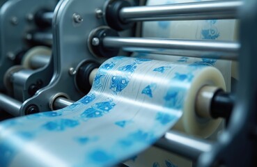 Modern industrial machine prints blue pattern on clear film tape. Automated rollers guide plastic material in factory production. Efficient packaging product manufacturing process operates smoothly.
