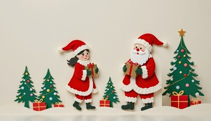 paper cut style santa's helpers giving gifts, plain backdrop
