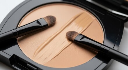Makeup foundation with application brushes offering cosmetic application for an even tone