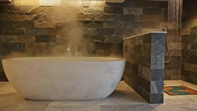 Steamy spa escape in a modern bathroom, promising relaxation and a luxurious bathing experience for wellness and self care content