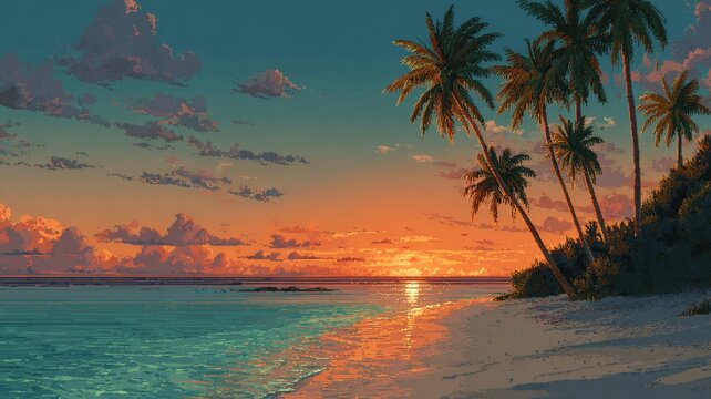 Tropical beach sunset with palm trees silhouetted against vibrant orange and pink sky, calm ocean reflections, and serene seaside landscape in exotic coastal paradise - Powered by Adobe