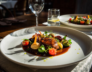Elegant plating of gourmet dish on a white plate, featuring rich sauce, meat and vegetables. Represents fine dining, culinary artistry, healthy food, and luxurious lifestyle.