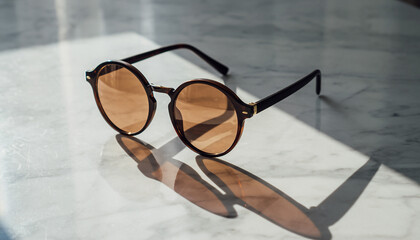 Retrochic sunglasses on a marble surface, bathed in sunlight. The image conveys style, relaxation, and summer vibes. Ideal for fashion, travel, or lifestyle content.